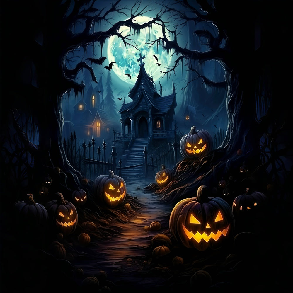 Scary Halloween Mansion and Pumpkin Lanterns Backdrop UK BRP8-266