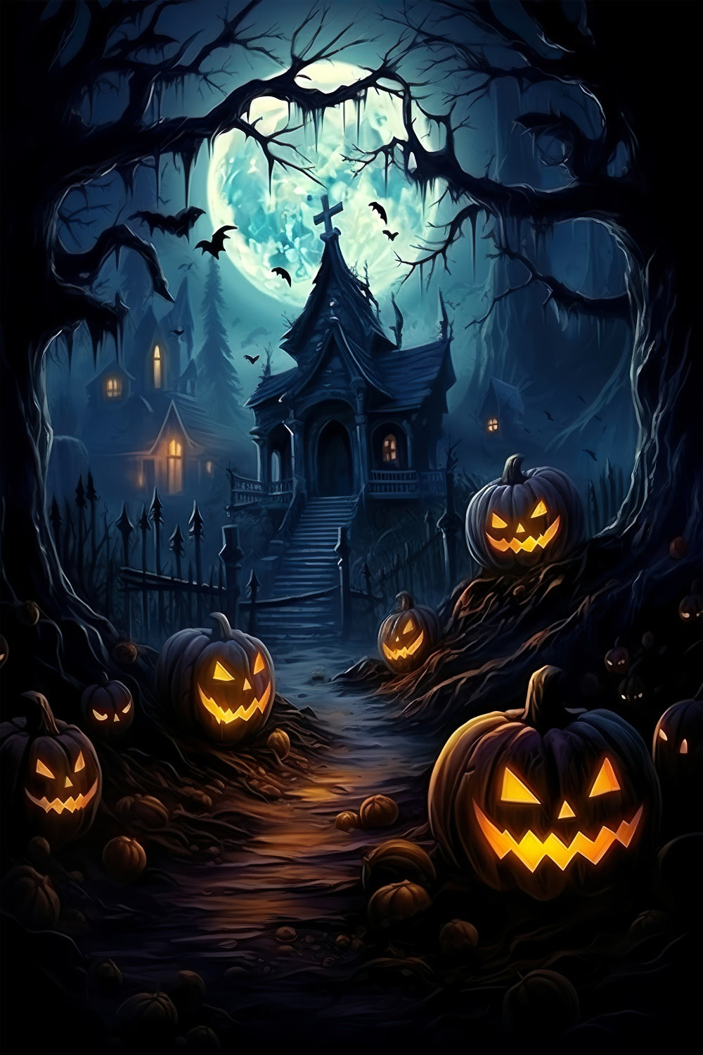 Scary Halloween Mansion and Pumpkin Lanterns Backdrop UK BRP8-266