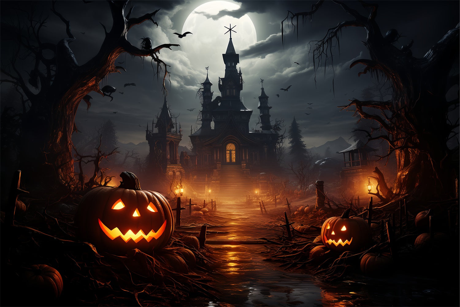 Walk to Halloween castle Creepy Night Backdrop UK BRP8-269