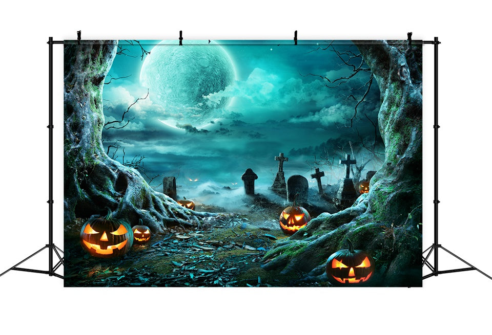 Scary Pumpkin and Graveyard Halloween Moon Backdrop UK BRP8-271