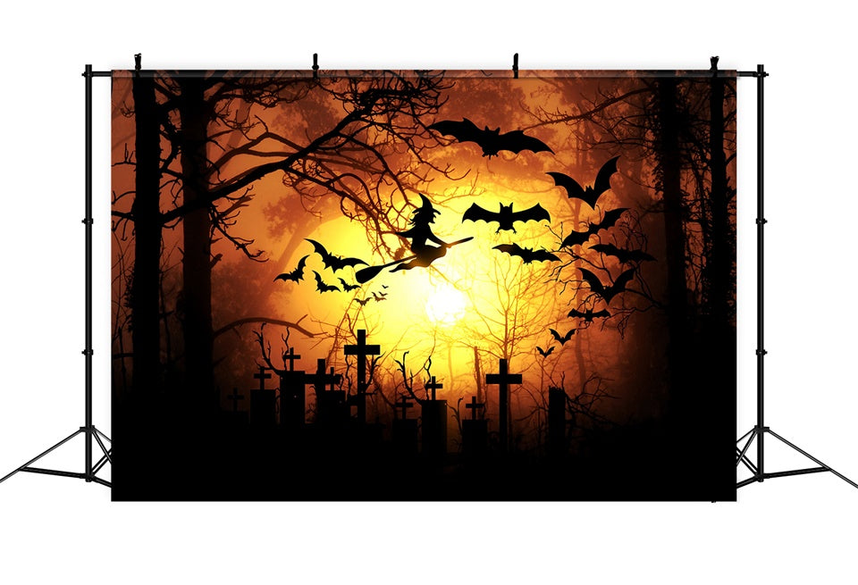 Halloween Bats Flying Witch Orange Moon Backdrop UK BRP8-276