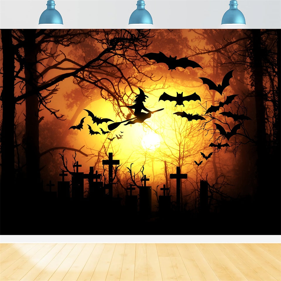 Halloween Bats Flying Witch Orange Moon Backdrop UK BRP8-276