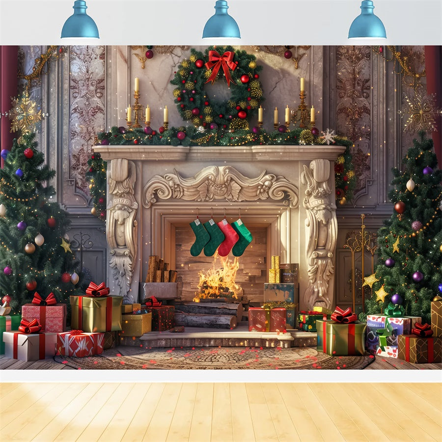 Christmas Cozy Fireplace Gifts Backdrop UK BRP8-28