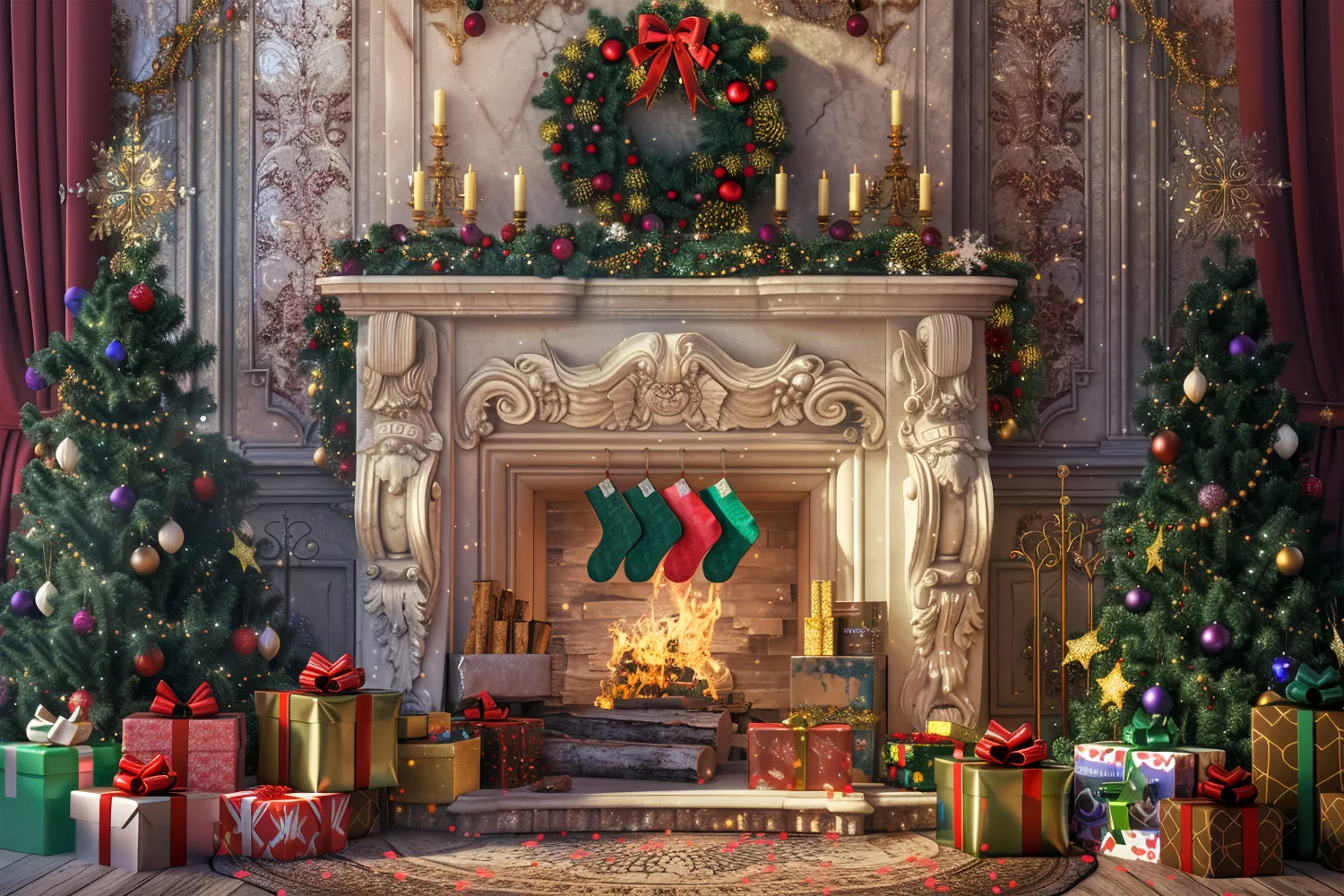 Christmas Cozy Fireplace Gifts Backdrop UK BRP8-28