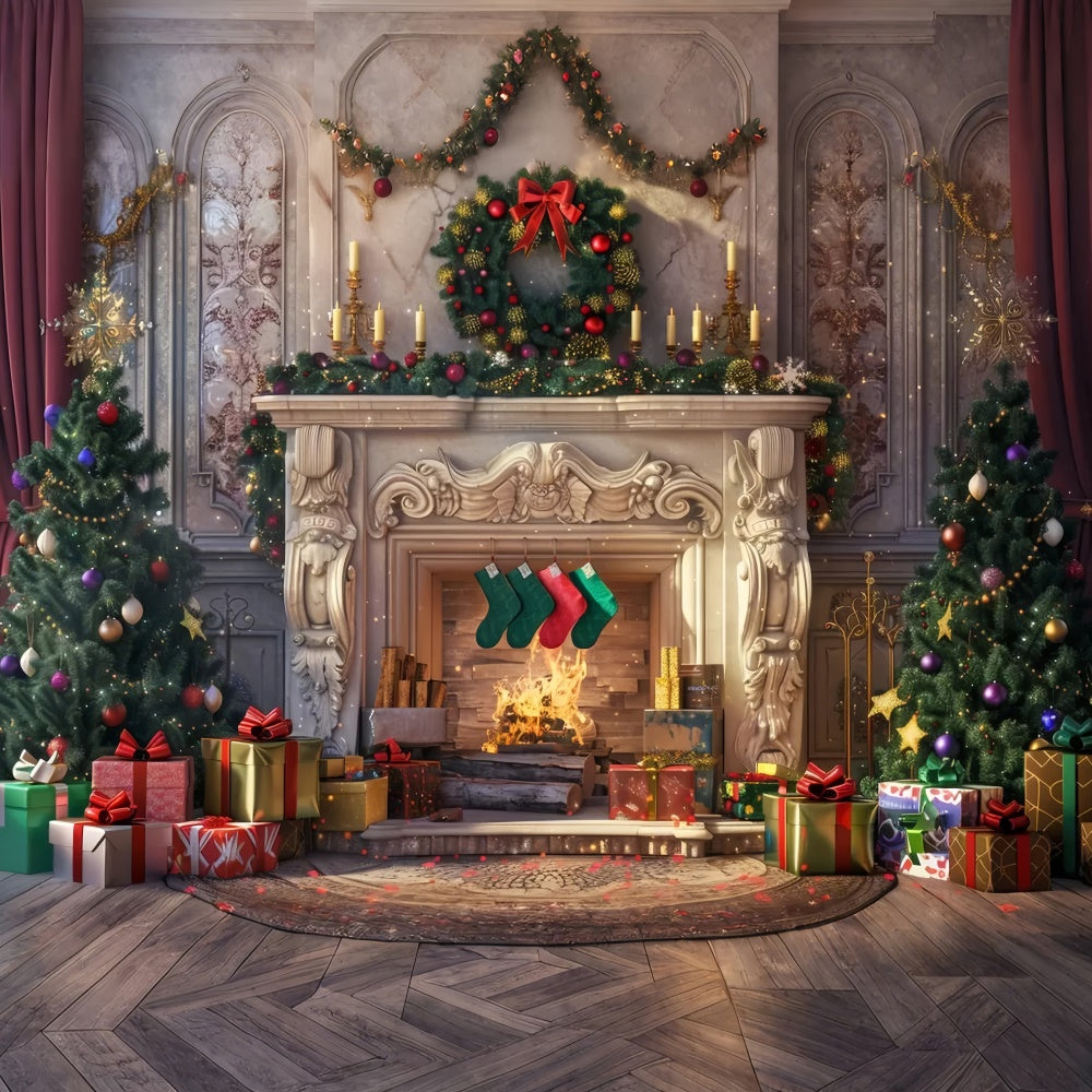 Christmas Cozy Fireplace Gifts Backdrop UK BRP8-28