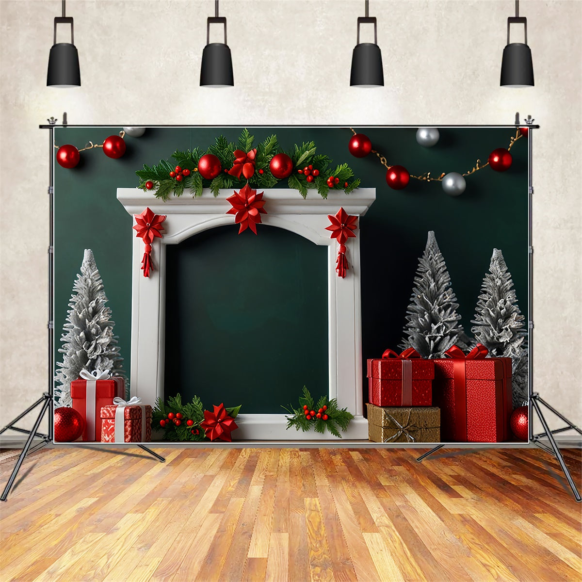 Red Christmas Mantel and Presents Backdrop BRP8-296