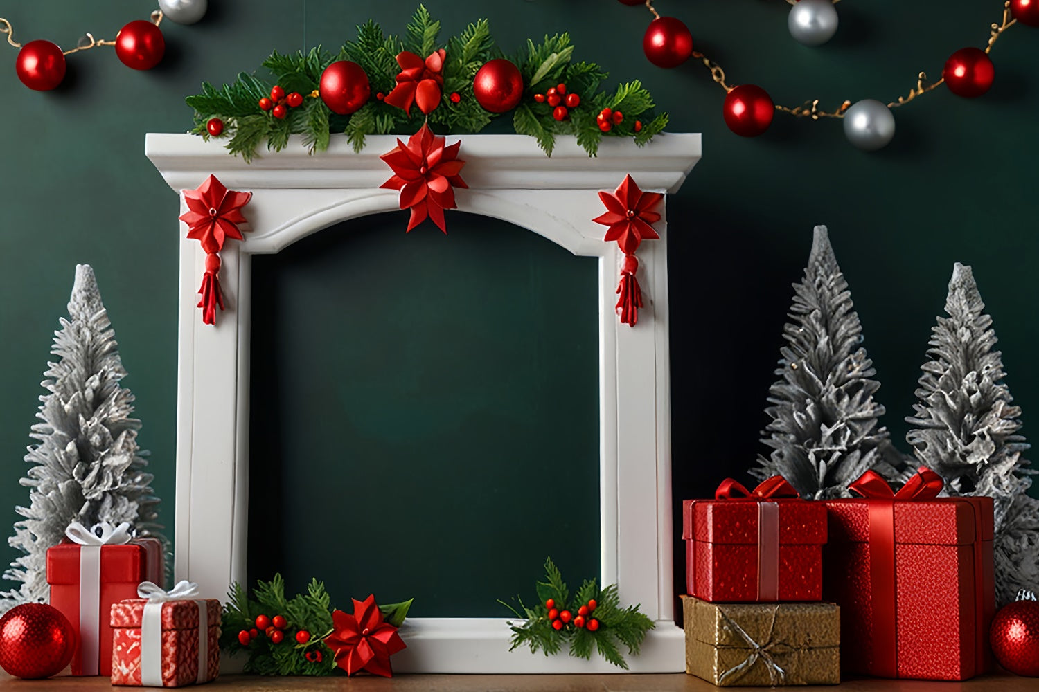 Red Christmas Mantel and Presents Backdrop BRP8-296