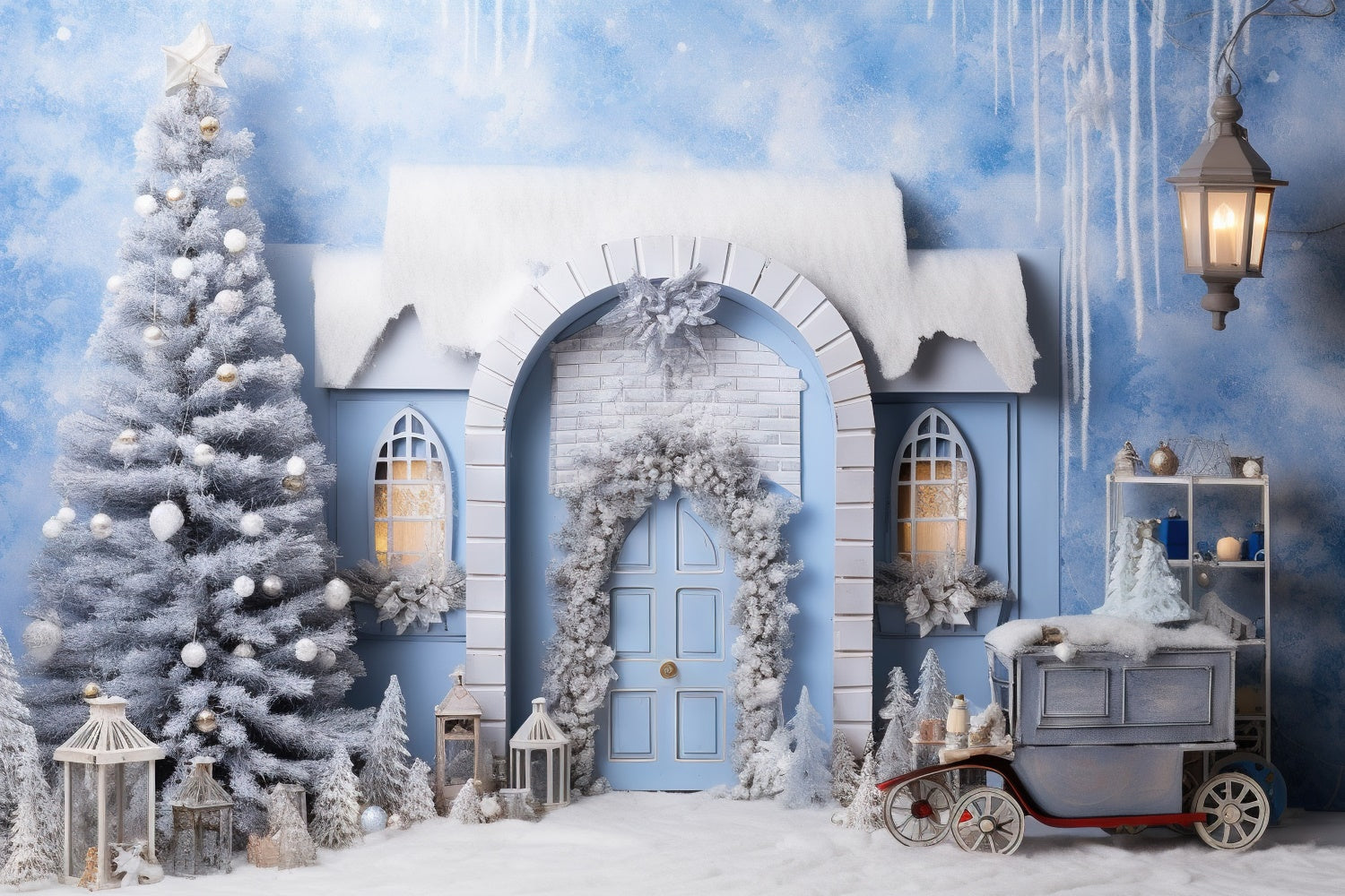 Snow-Covered Holiday Cottage Christmas Backdrop BRP8-297