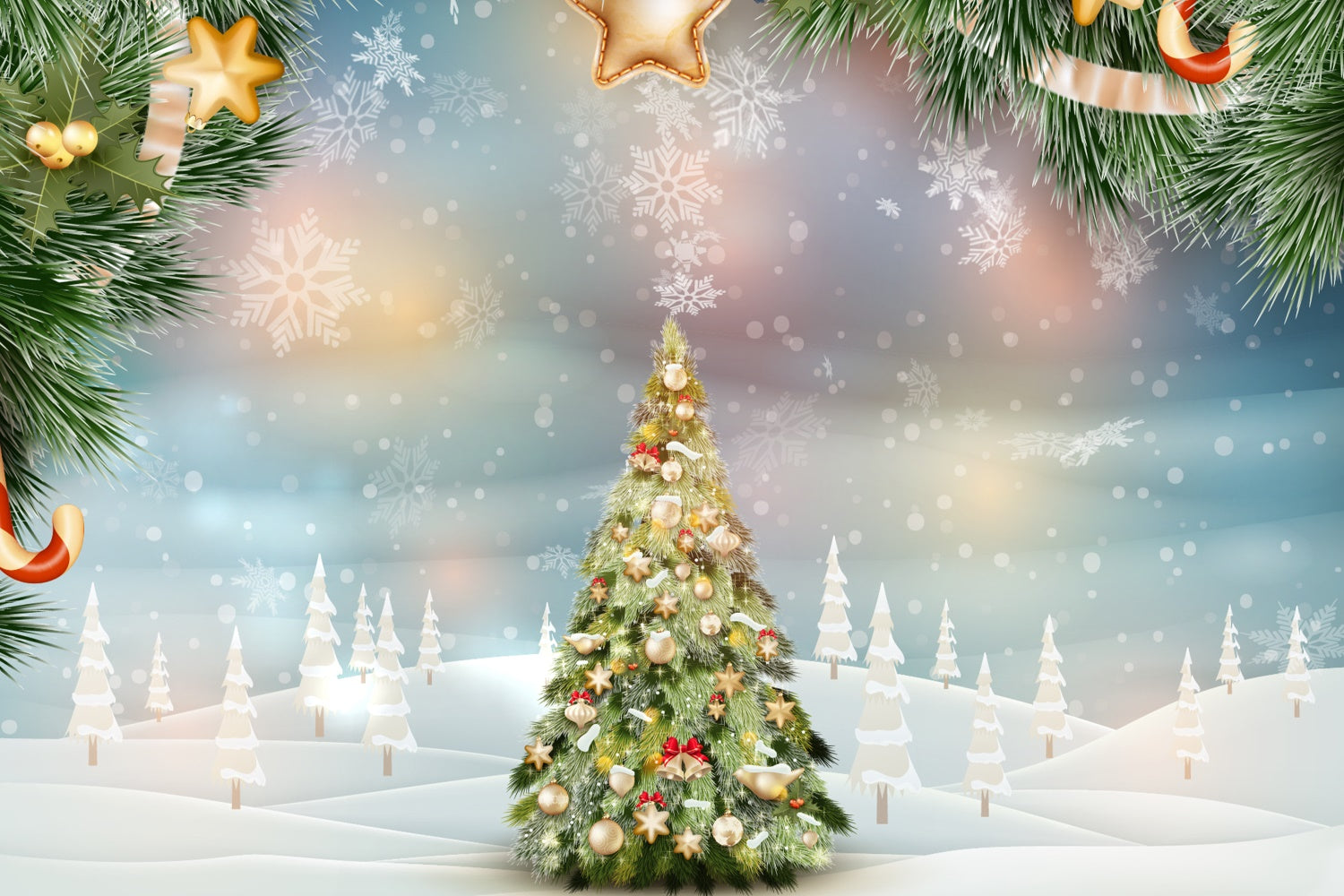 Golden Stars and Snowflakes Christmas Tree Backdrop BRP8-300