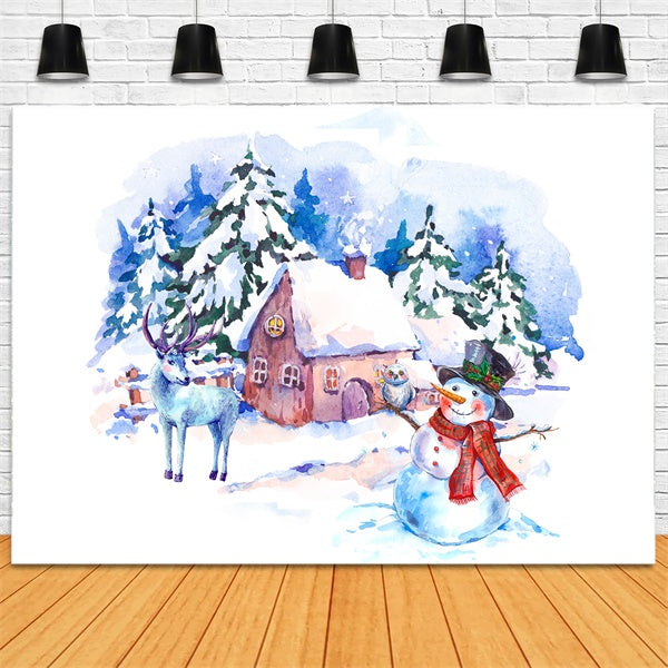 Watercolor Snowman and Reindeer Christmas Cabin Backdrop BRP8-301