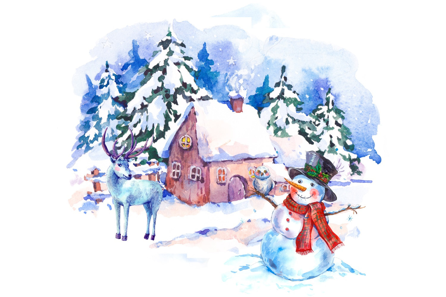 Watercolor Snowman and Reindeer Christmas Cabin Backdrop BRP8-301