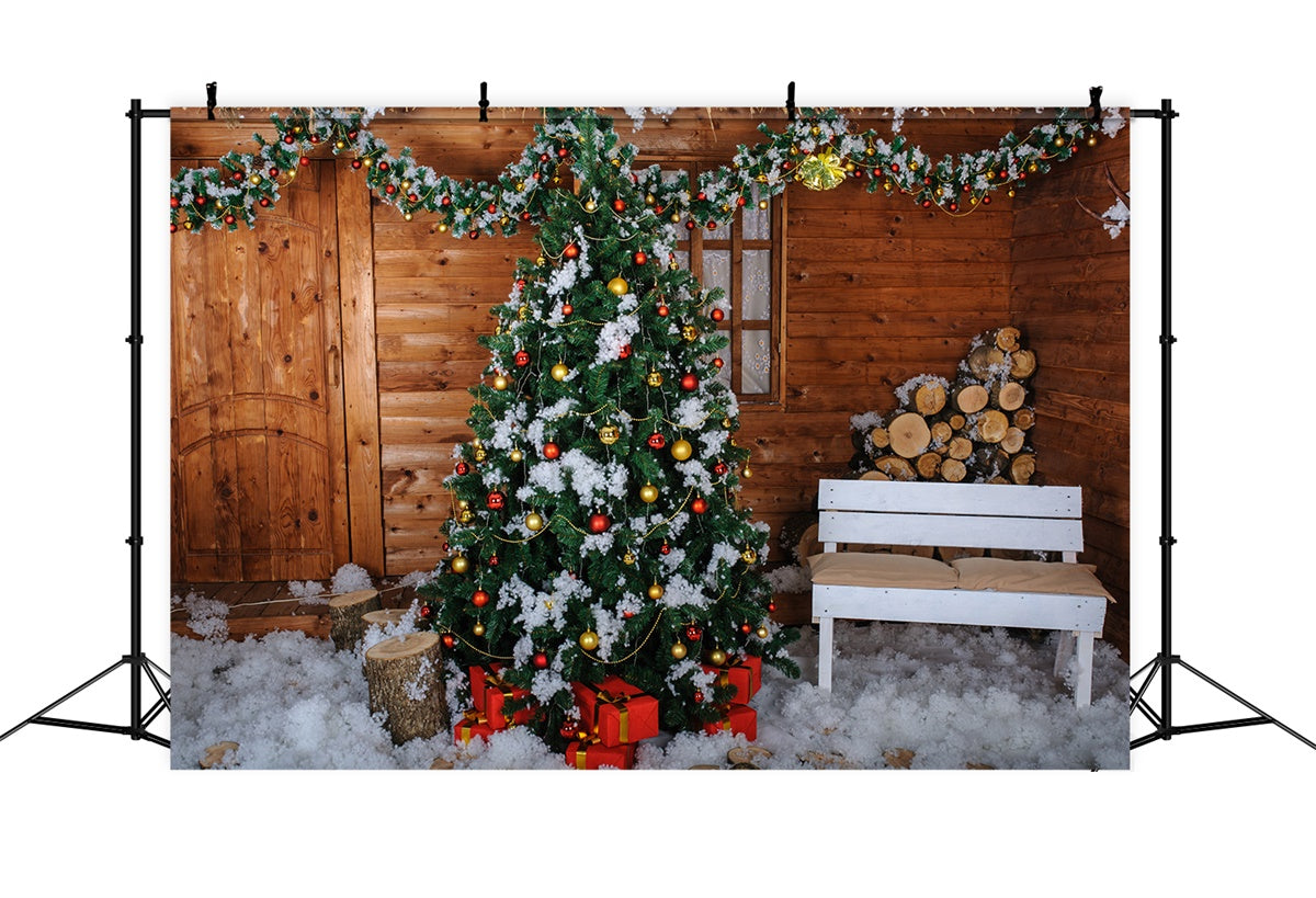 Snowy Cabin Christmas Tree with Logs Backdrop BRP8-305