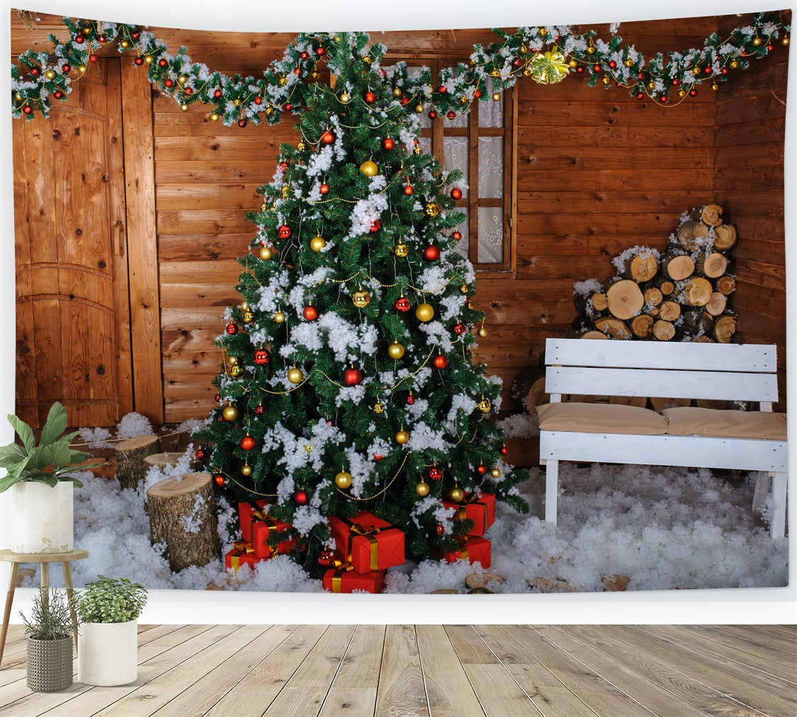 Snowy Cabin Christmas Tree with Logs Backdrop BRP8-305