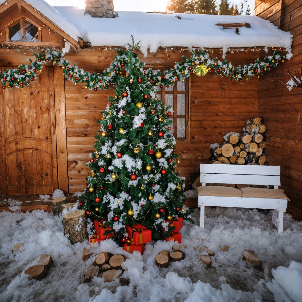 Snowy Cabin Christmas Tree with Logs Backdrop BRP8-305