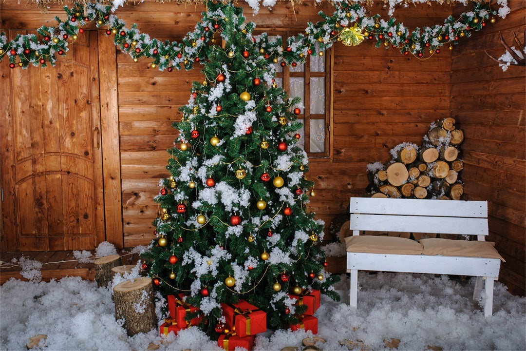 Snowy Cabin Christmas Tree with Logs Backdrop BRP8-305