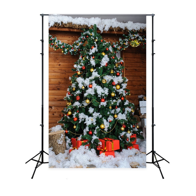 Snow-Covered Christmas Tree Wooden Cabin Backdrop BRP8-306