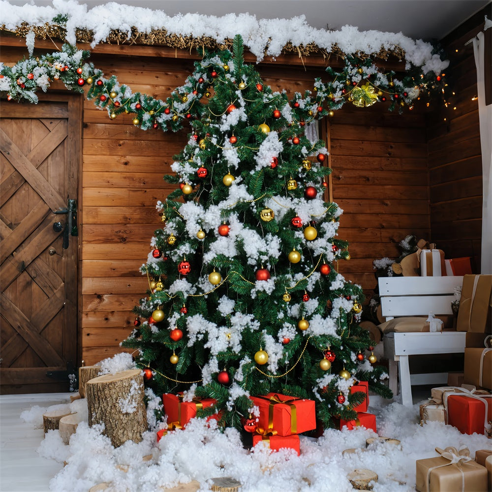 Snow-Covered Christmas Tree Wooden Cabin Backdrop BRP8-306