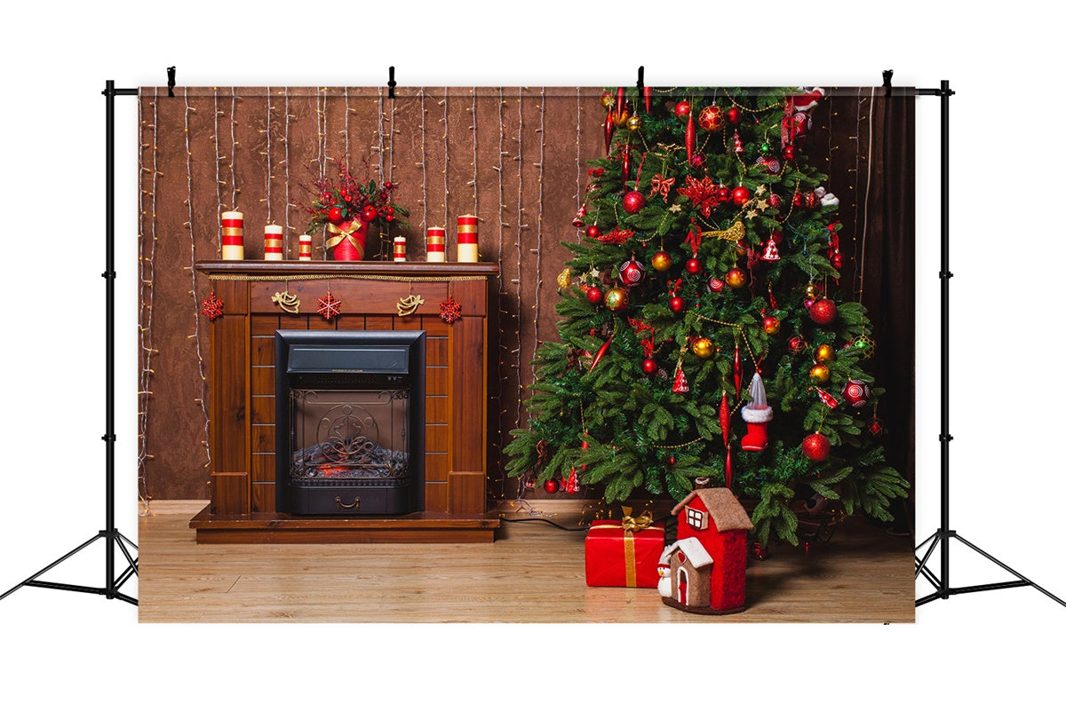 Traditional Christmas Tree by Fireplace Backdrop BRP8-309