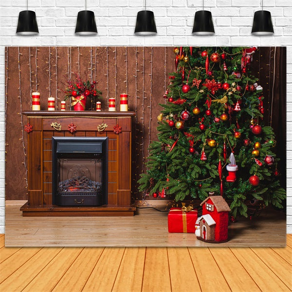 Traditional Christmas Tree by Fireplace Backdrop BRP8-309