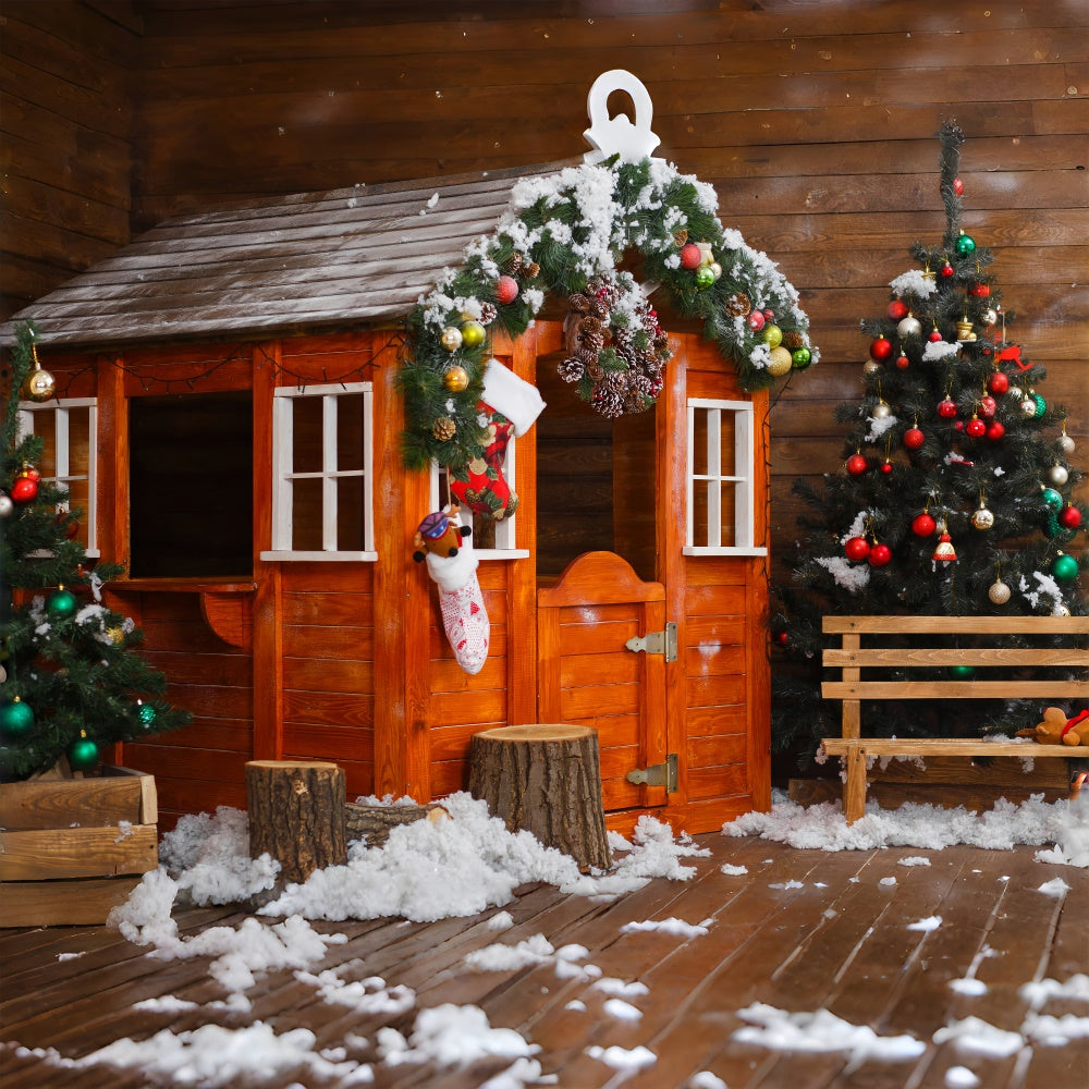 Snowy Wooden House Christmas Scene Backdrop BRP8-314