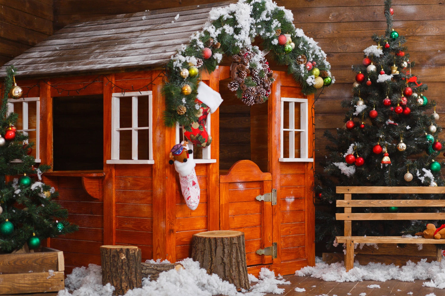 Snowy Wooden House Christmas Scene Backdrop BRP8-314