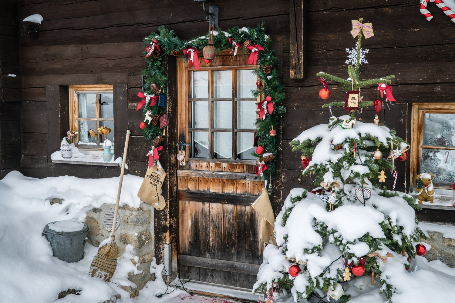 Rustic Winter Cabin with Decorated Door Backdrop BRP8-315