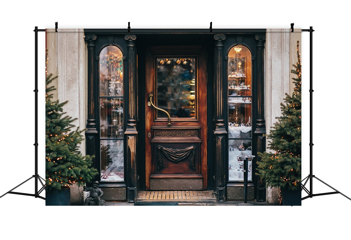 Vintage Christmas Storefront with Pine Trees Backdrop BRP8-318