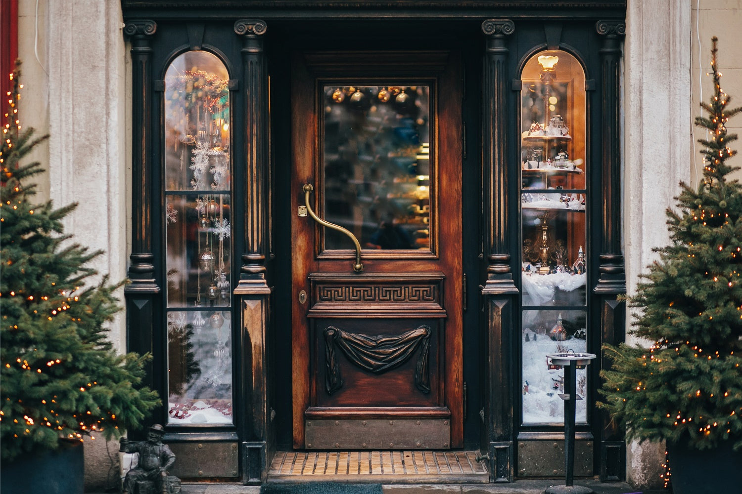 Vintage Christmas Storefront with Pine Trees Backdrop BRP8-318