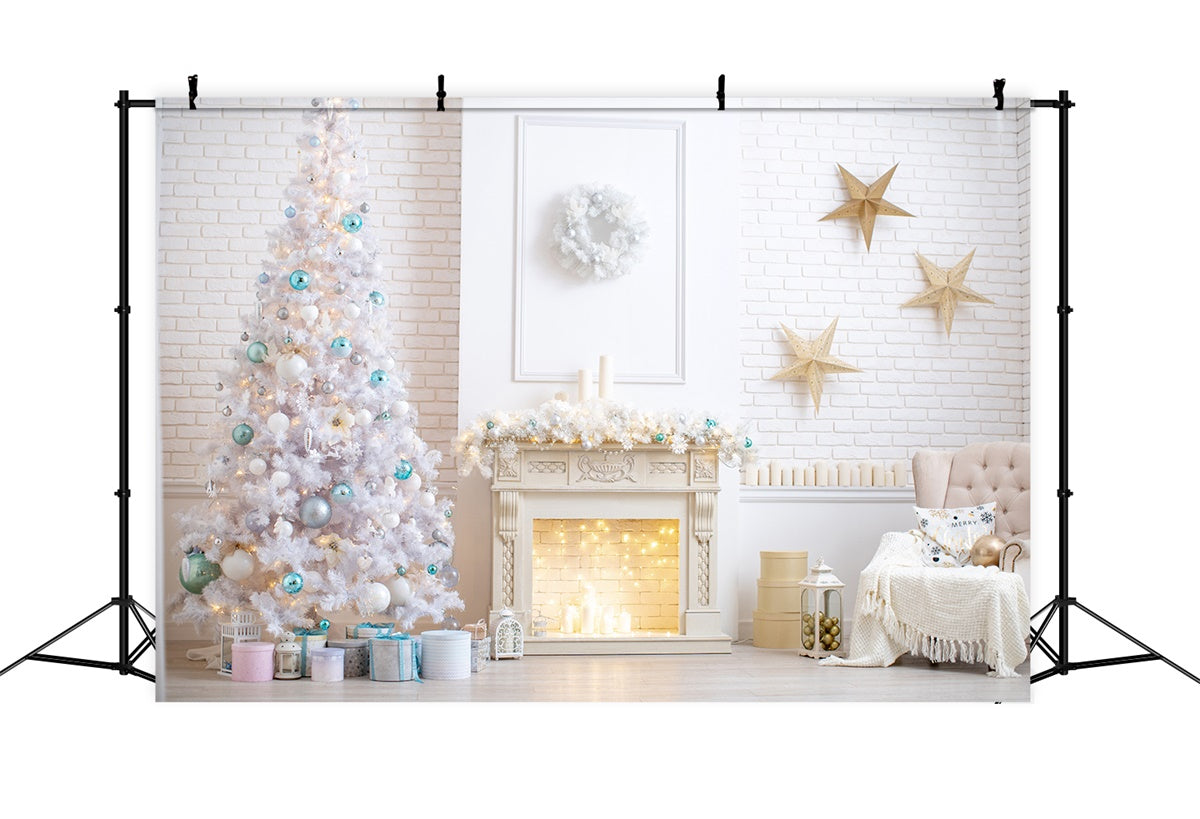 Snowy White Christmas Room with Gold Stars Backdrop BRP8-320