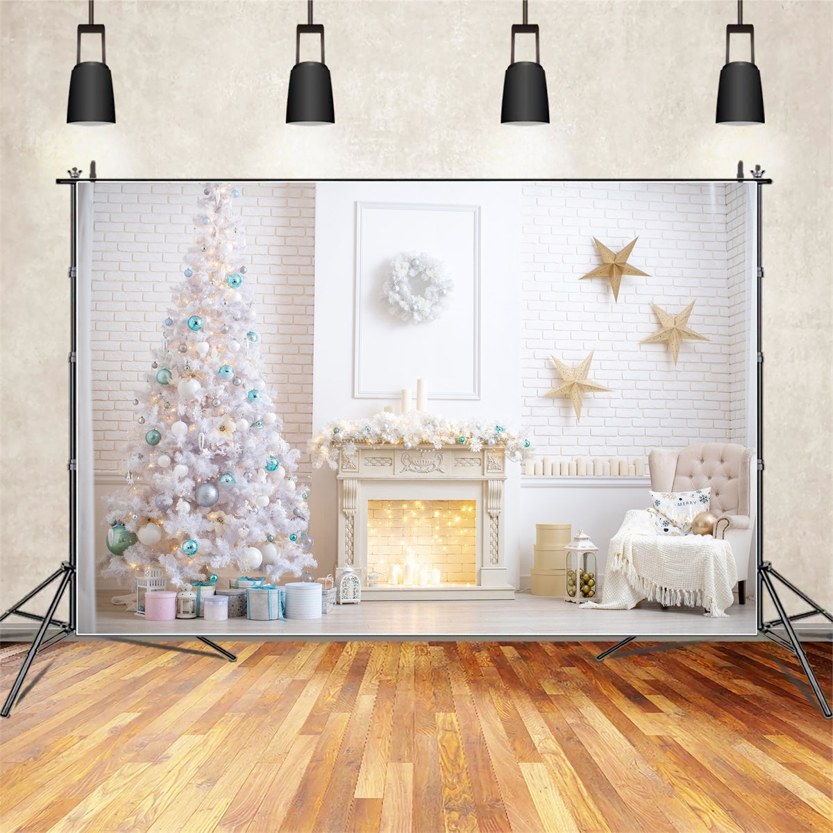 Snowy White Christmas Room with Gold Stars Backdrop BRP8-320