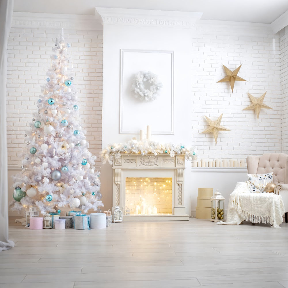 Snowy White Christmas Room with Gold Stars Backdrop BRP8-320