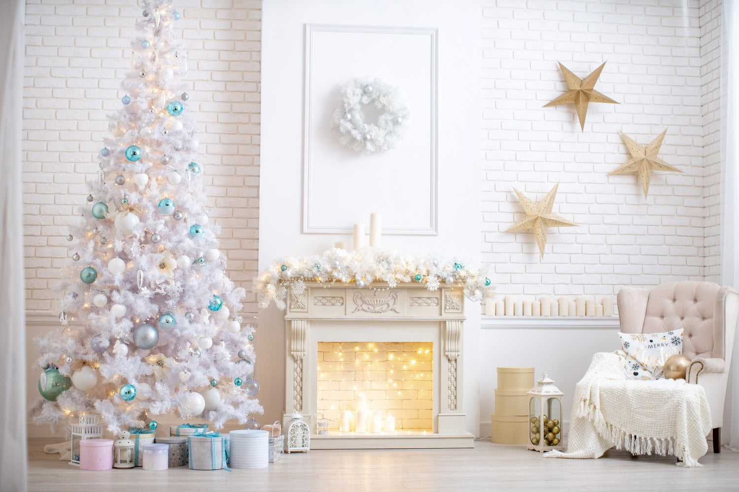 Snowy White Christmas Room with Gold Stars Backdrop BRP8-320