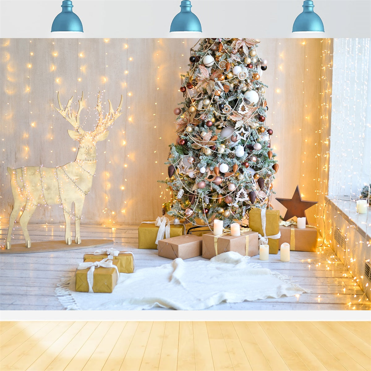 Christmas Tree Room with Wooden Reindeer Backdrop BRP8-322