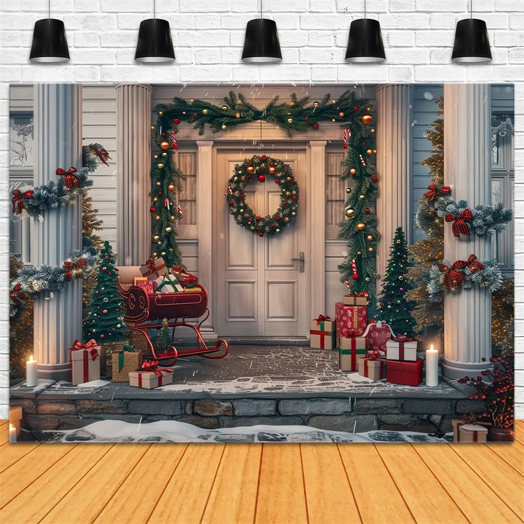 Christmas Porch Sleigh and Wreath Backdrop UK BRP8-33