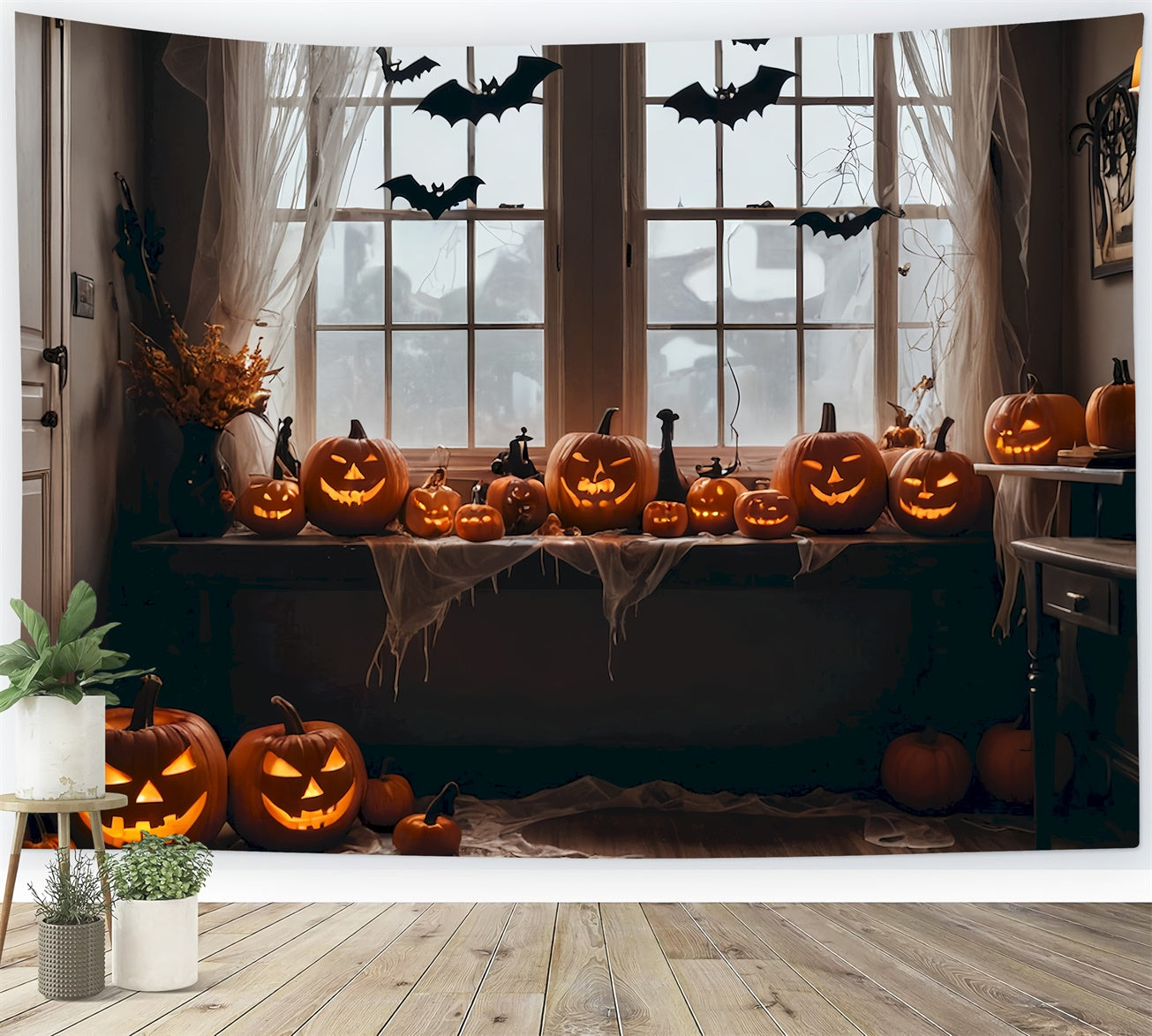 Bats and Pumpkins Halloween Window Scene Backdrop BRP8-345