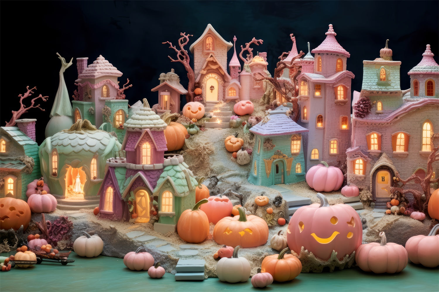 Colorful Haunted Village Halloween Decor Backdrop BRP8-346