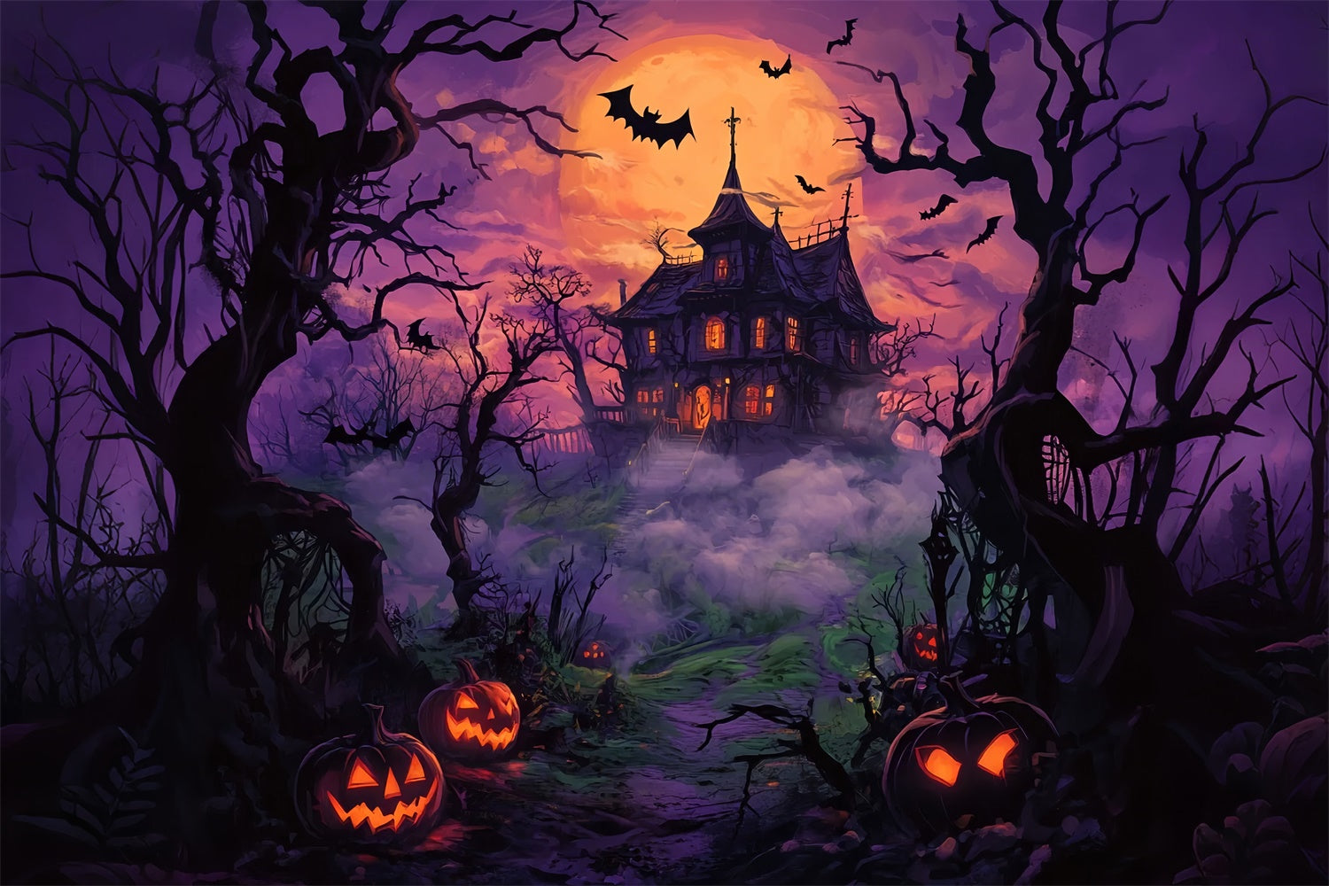 Foggy Night Halloween Haunted Mansion Backdrop BRP8-348