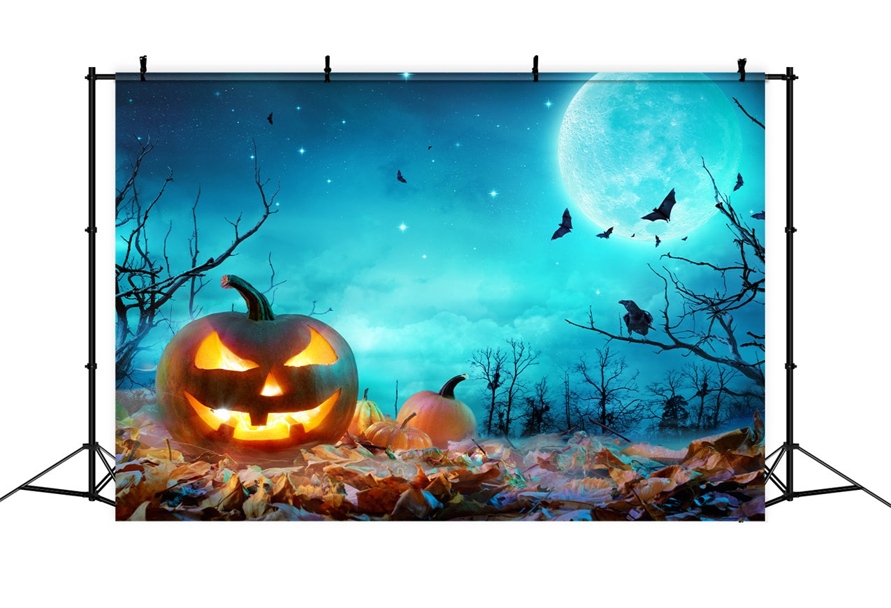 Blue Moonlit Halloween Scene with Pumpkins Backdrop BRP8-352