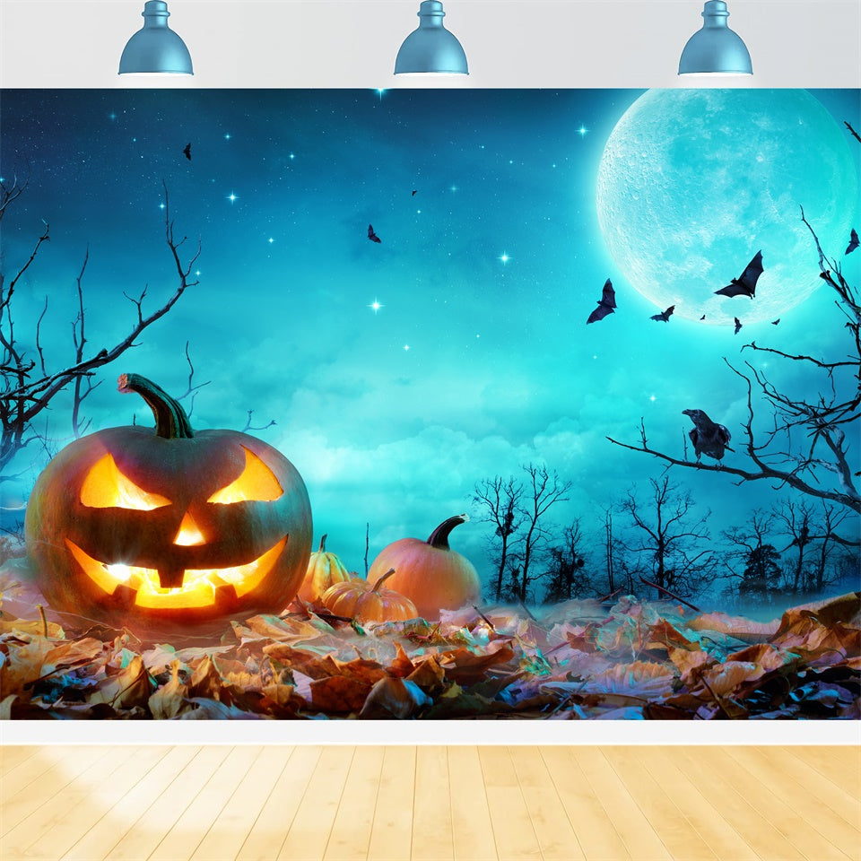 Blue Moonlit Halloween Scene with Pumpkins Backdrop BRP8-352