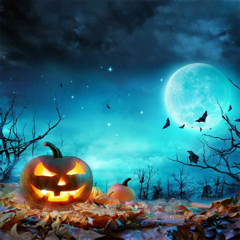 Blue Moonlit Halloween Scene with Pumpkins Backdrop BRP8-352