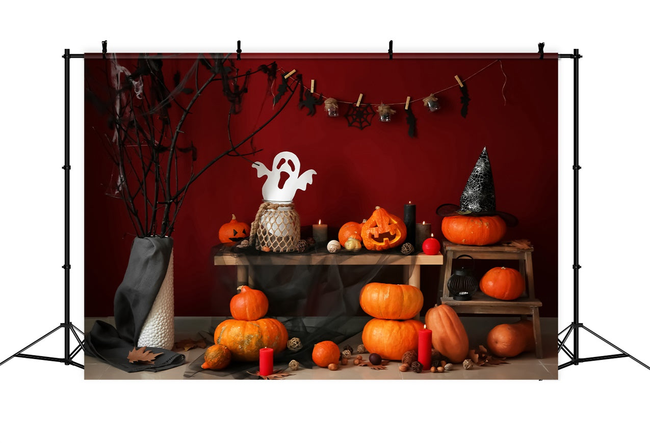 Red Wall Spooky Branches and Pumpkins Backdrop BRP8-354