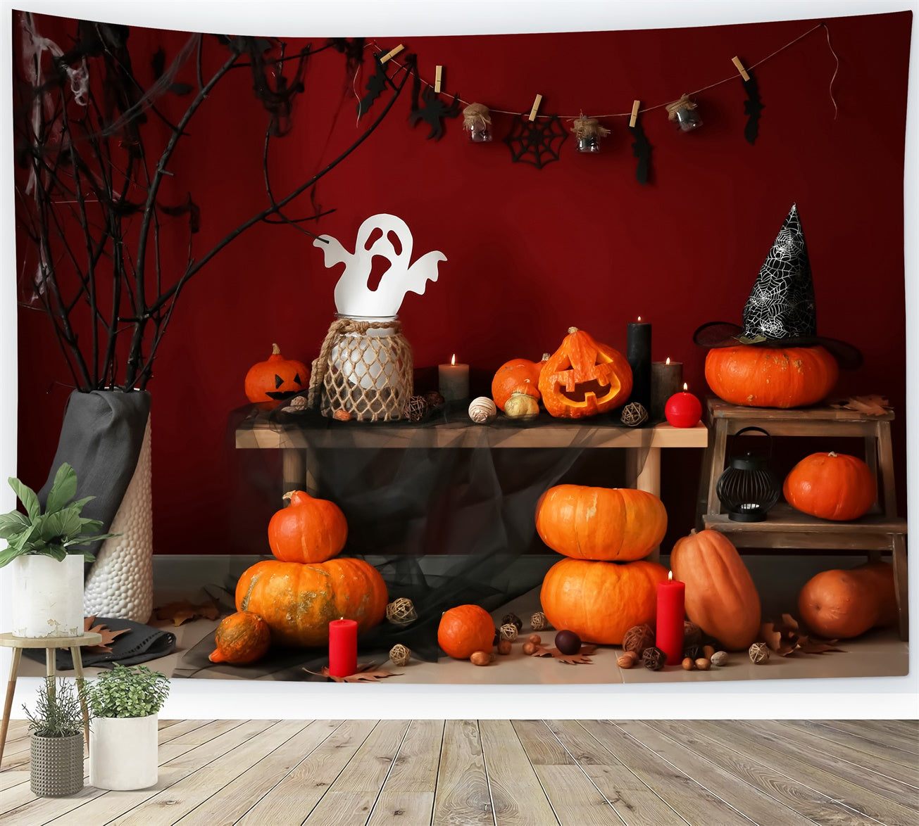 Red Wall Spooky Branches and Pumpkins Backdrop BRP8-354