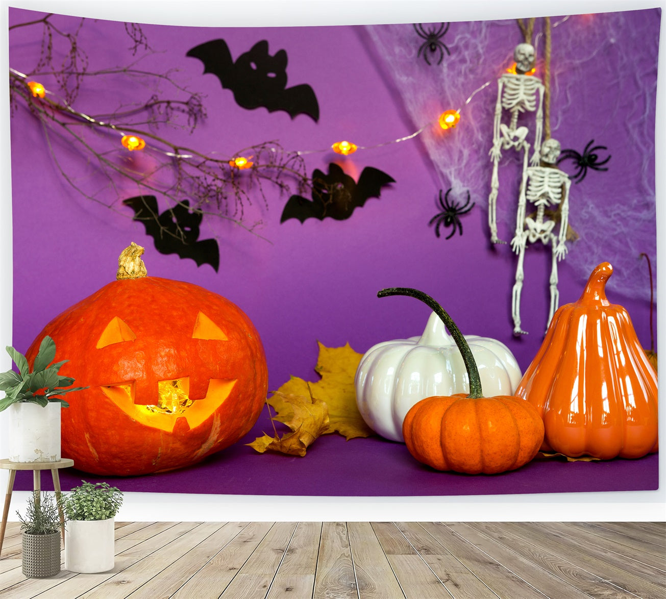 Purple Halloween Pumpkins and Skeletons Backdrop BRP8-358