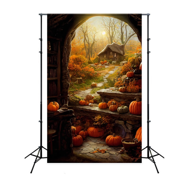 Rustic Cottage with Pumpkins Halloween Backdrop BRP8-359