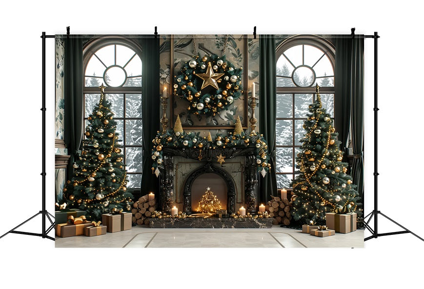 Christmas Gold Elegance Fireplace Backdrop UK BRP8-36