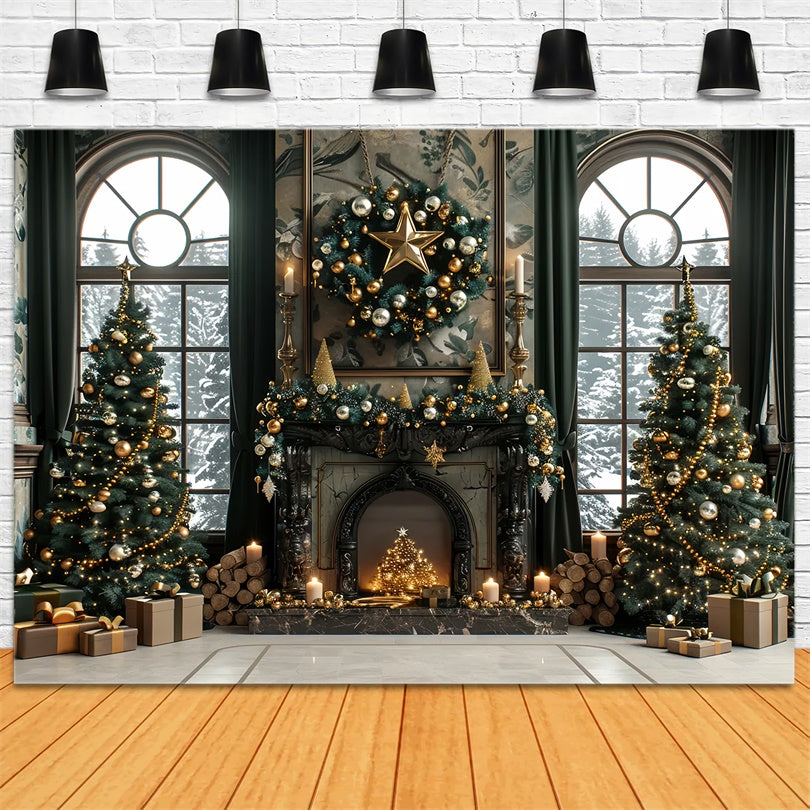 Christmas Gold Elegance Fireplace Backdrop UK BRP8-36