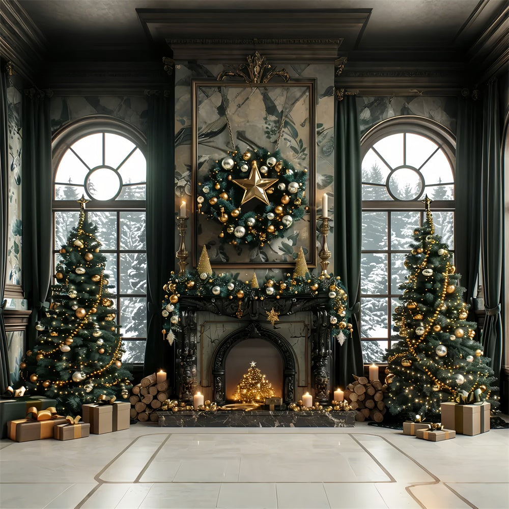 Christmas Gold Elegance Fireplace Backdrop UK BRP8-36