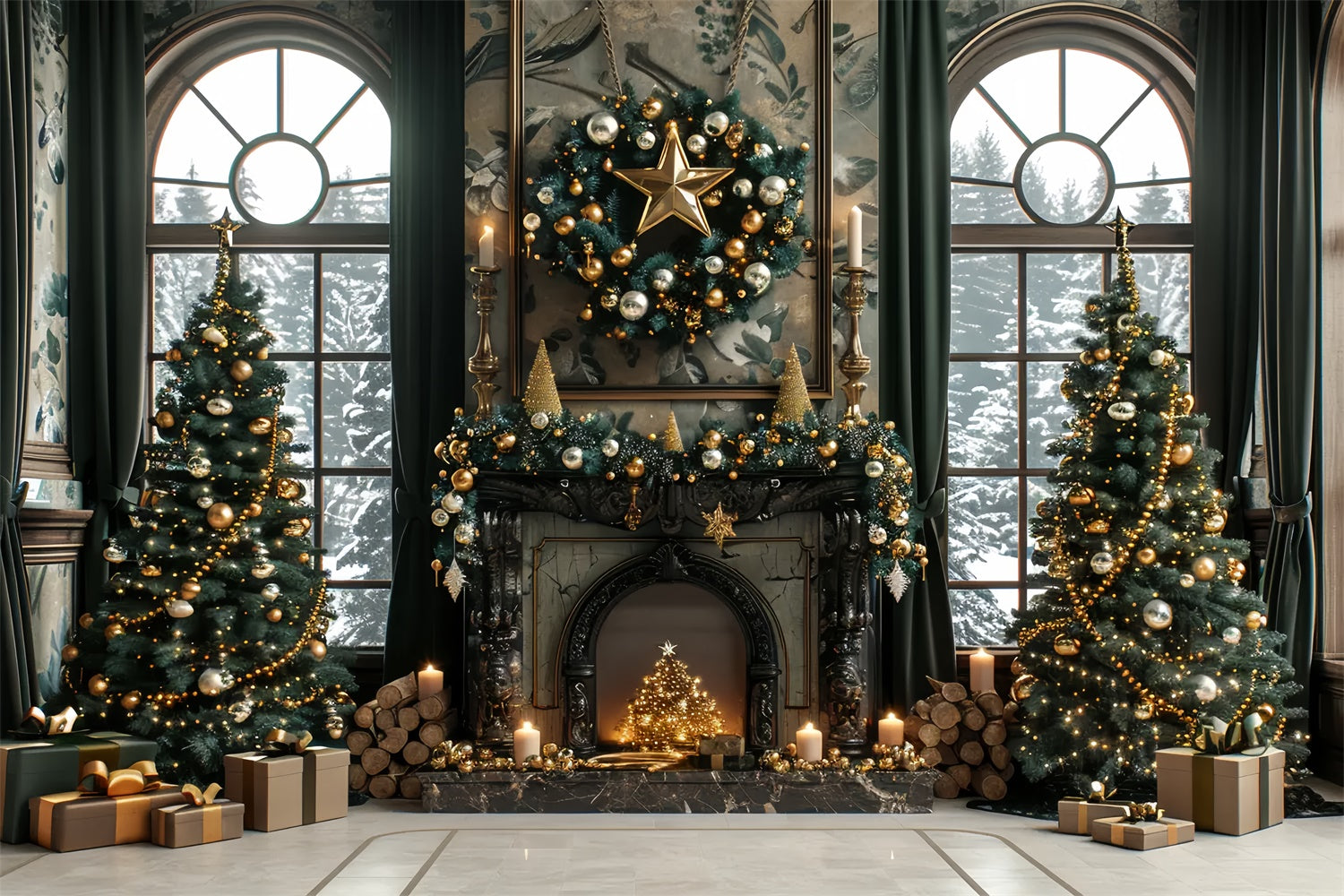 Christmas Gold Elegance Fireplace Backdrop UK BRP8-36