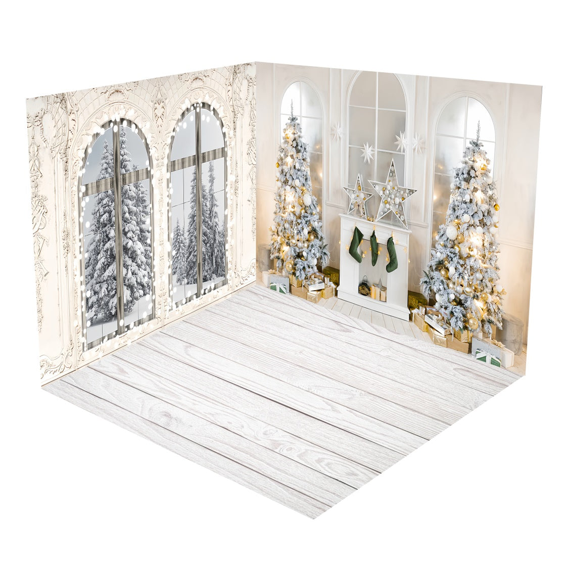 Christmas Trees with Snowy Window Fireplace Backdrop Room Set BRP8-370