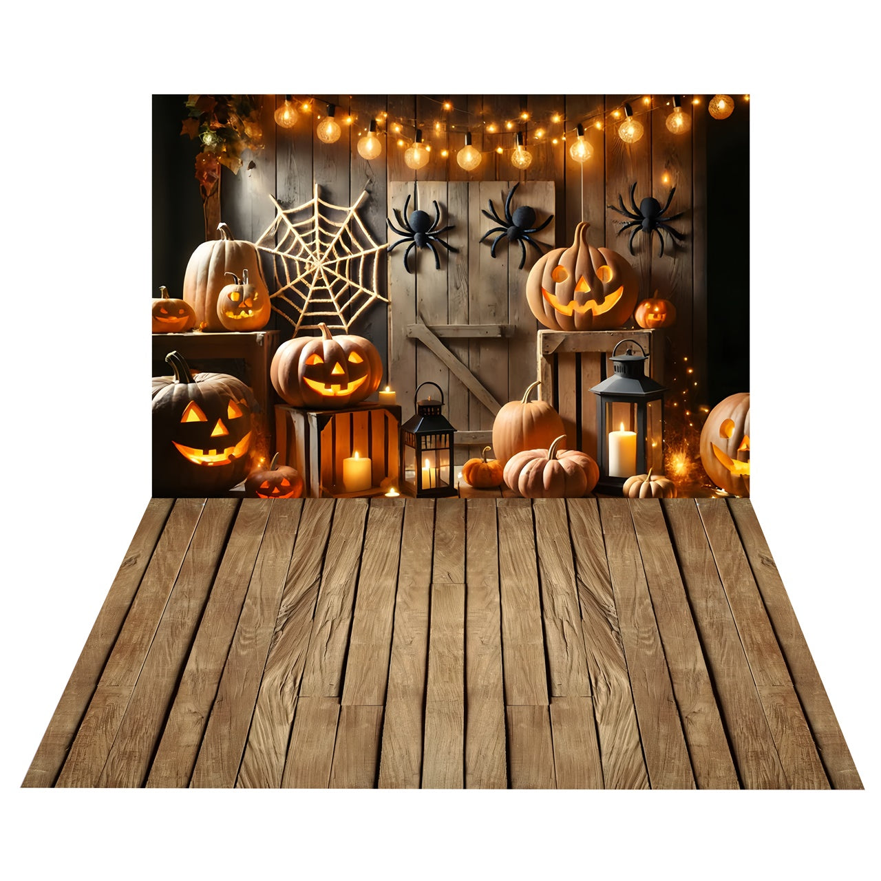 Halloween Spider Pumpkin Decor Backdrop + Wooden Floor Backdrop BRP8-381